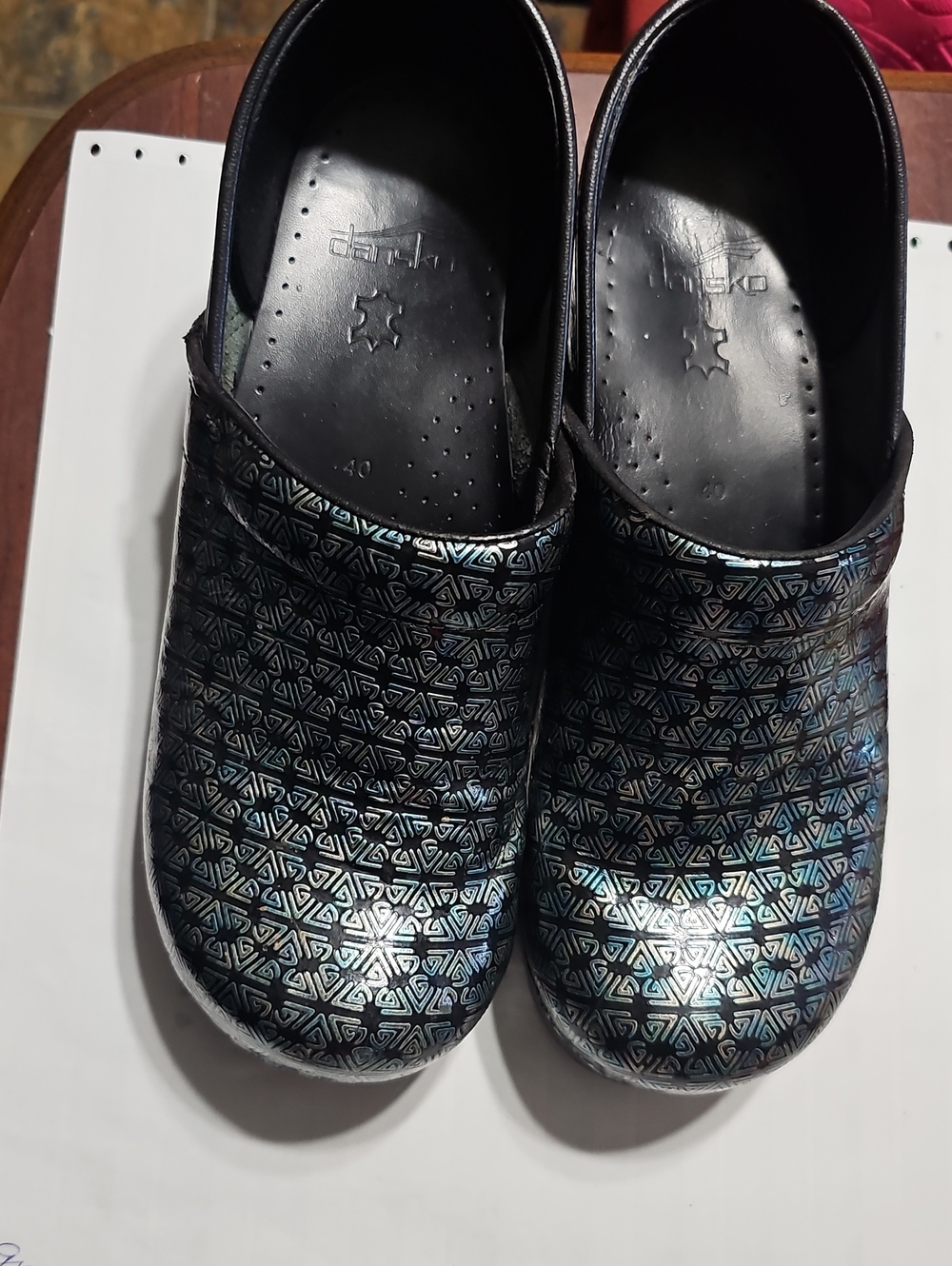 Dansko Women's Iridescent Geometric Slip-On Clogs - Black/Blue Sheen